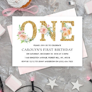Elegant Floral Gold Glitter ONE 1st Birthday Invitation