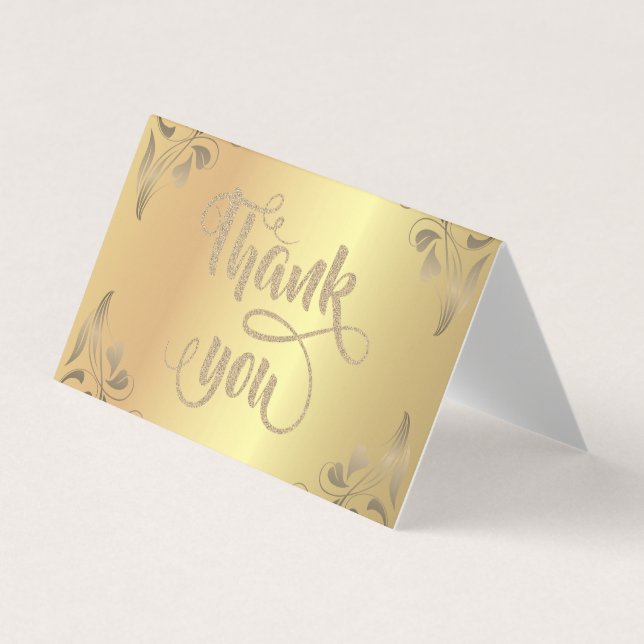Elegant Floral Gold Glitter Thank You Card (Front)