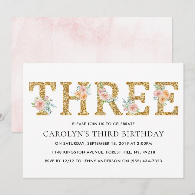 Elegant Floral Gold Glitter THREE 3rd Birthday Invitation (Front/Back)