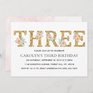 Elegant Floral Gold Glitter THREE 3rd Birthday Invitation