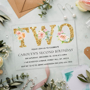 Elegant Floral Gold Glitter TWO 2nd Birthday Acrylic Invitations