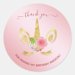 Elegant floral gold glitter unicorn thank you classic round sticker