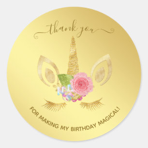 Elegant floral gold glitter unicorn thank you classic round sticker