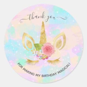 Elegant floral gold glitter unicorn thank you classic round sticker