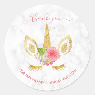 Elegant floral gold glitter unicorn thank you classic round sticker