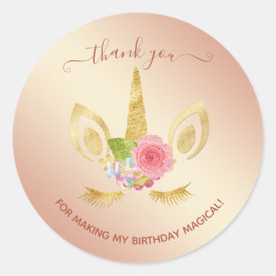 Elegant floral gold glitter unicorn thank you classic round sticker