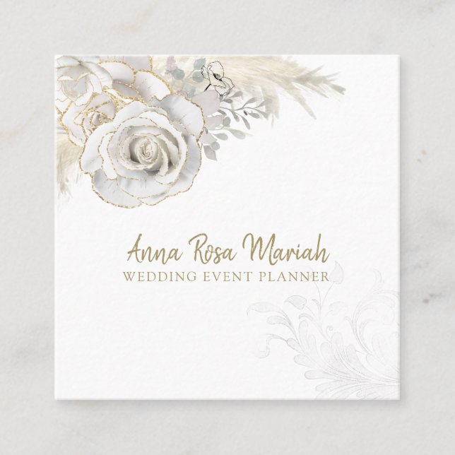 *~* Elegant Floral Gold Glitter White Rose Flower Square Business Card (Front)
