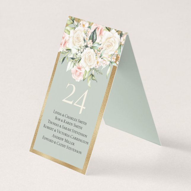 Elegant Floral Gold Green Name Table Number (Front)
