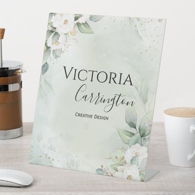 Elegant Floral Gold Green Professional Business Pedestal Sign (In SItu)