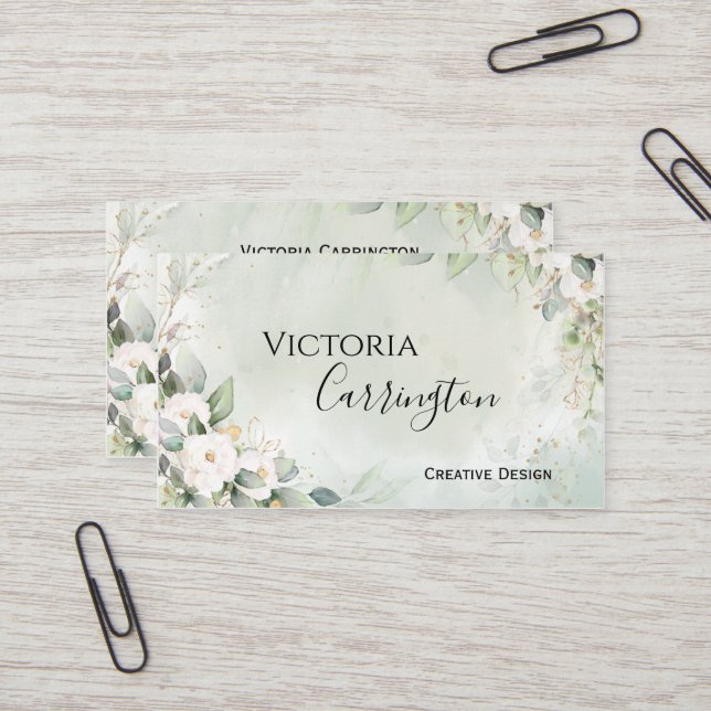 Elegant Floral Gold Green Script Professional Business Card (Front/Back In Situ)