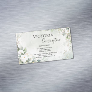 Elegant Floral Gold Green Script Professional Magnetic Business Card