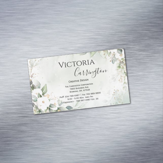 Elegant Floral Gold Green Script Professional Magnetic Business Card (In Situ)