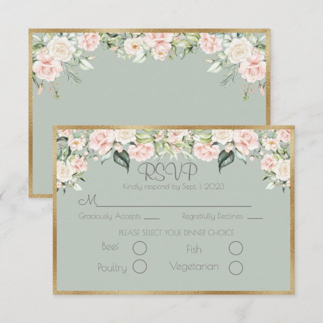 Elegant Floral Gold Green Script Wedding RSVP Card (Front/Back)