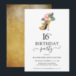 Elegant Floral Gold High Heels 16th Birthday Invitation<br><div class="desc">Modern Elegant Gold Tropical Floral Gold High Heels Sweet Sixteen 16th Birthday Party Invitation featuring our glamourous glitzy watercolor gold high heel surrounded by pink and green tropical flowers. The background is a luxurious watercolor gold wash. Easy to customise with your information for a simply elegant birthday party invitation. Please...</div>