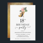 Elegant Floral Gold High Heels 18th Birthday Invitation<br><div class="desc">Modern Elegant Gold Tropical Floral Gold High Heels 18th Birthday Party Invitation featuring our glamourous glitzy watercolor gold high heel surrounded by pink and green tropical flowers. The background is a luxurious watercolor gold wash. Easy to customise with your information for a simply elegant birthday party invitation. Please contact us...</div>