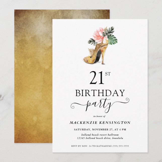 Elegant Floral Gold High Heels 21st Birthday Invitation (Front/Back)