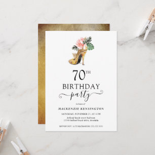 Elegant Floral Gold High Heels 70th Birthday Invitation