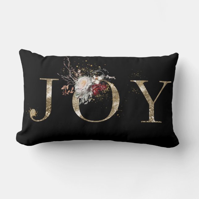 Elegant Floral Gold JOY Christmas Lumbar Cushion (Front)