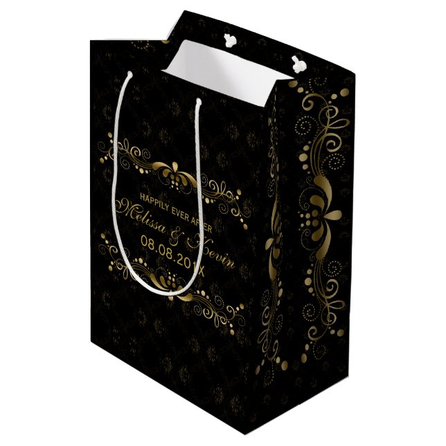 Elegant Floral Gold Lace With Black Damasks Medium Gift Bag (Back Angled)