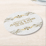 Elegant Floral Gold Lace With White Damasks 2 Round Paper Coaster<br><div class="desc">Elegant gold tones floral lace design over white floral damasks pattern,  customisable template. Suggested blue font colour. If you need any help customising any of my designs,  contact ArtOnWear designer. Free text formatting with live help available by request.</div>