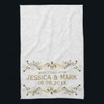 Elegant Floral Gold Lace With White Damasks 2 Tea Towel<br><div class="desc">Elegant gold tones floral lace design over white floral damasks pattern,  customisable template. Suggested blue font colour. If you need any help customising any of my designs,  contact ArtOnWear designer. Free text formatting with live help available by request.</div>