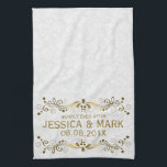 Elegant Floral Gold Lace With White Damasks 2 Tea Towel<br><div class="desc">Elegant gold tones floral lace design over white floral damasks pattern,  customisable template. Suggested blue font colour. If you need any help customising any of my designs,  contact ArtOnWear designer. Free text formatting with live help available by request.</div>