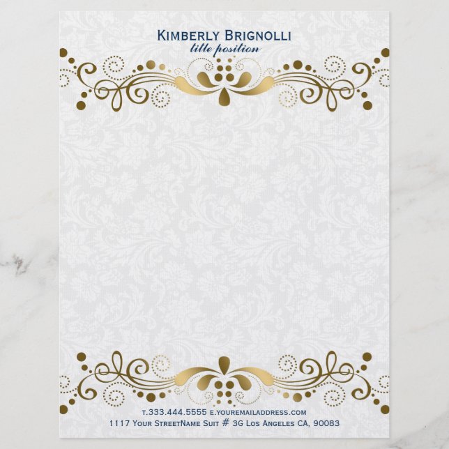 Elegant Floral Gold Lace With White Damasks Customized Letterhead (Front)