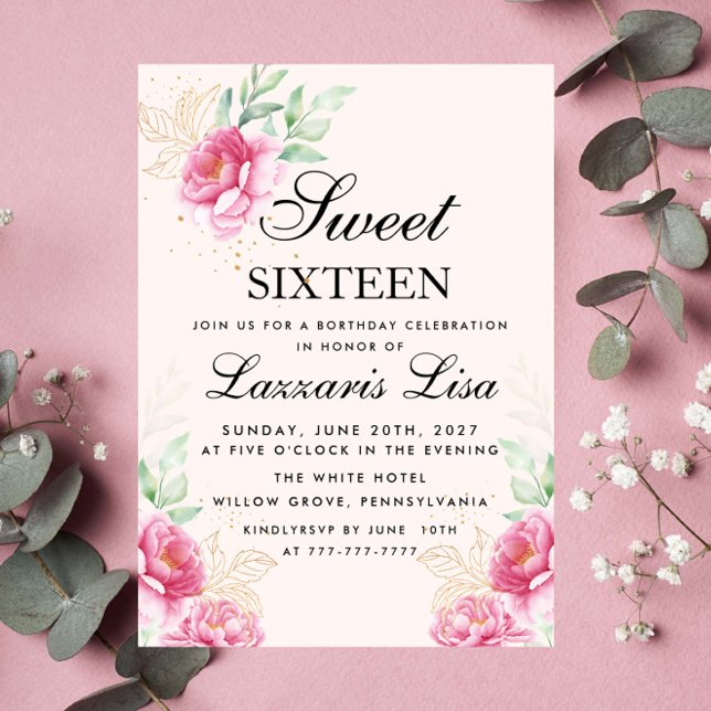 Elegant Floral & Gold Leaf Birthday Sweet Sixteen Invitation (Creator Uploaded)