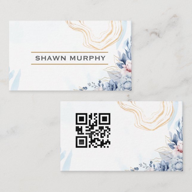 Elegant Floral Gold Line QR Code Business Card (Front/Back)