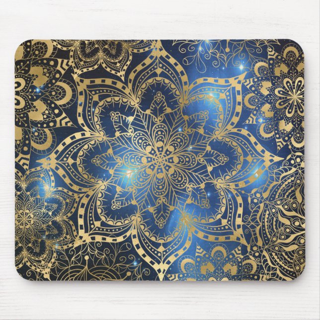 Elegant Floral Gold Mandala Blue Galaxy Mouse Mat (Front)