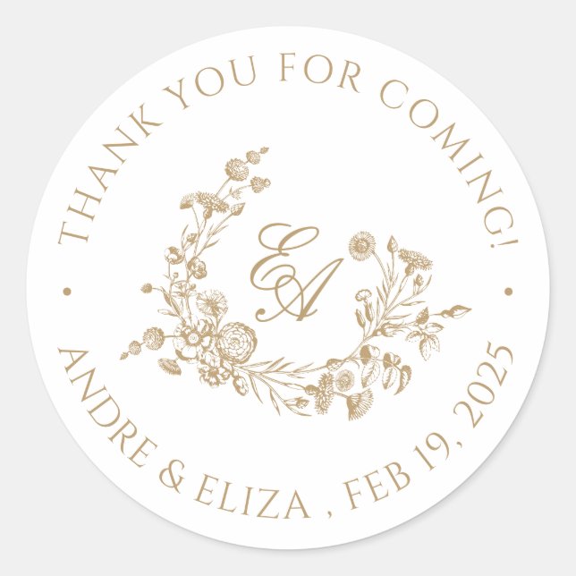 Elegant Floral Gold Monogram Classic Round Sticker (Front)