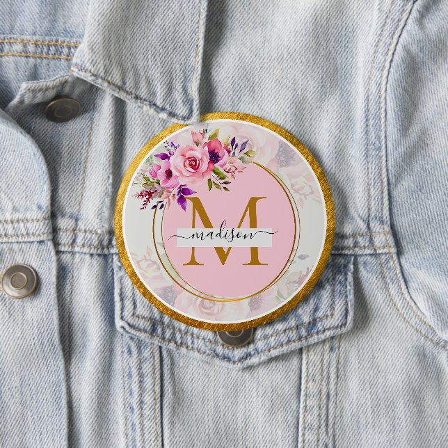 Elegant Floral Gold Monogram | Name & Initial 10 Cm Round Badge (In Situ)