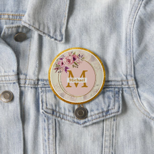 Elegant Floral Gold Monogram   Name & Initial 7.5 Cm Round Badge