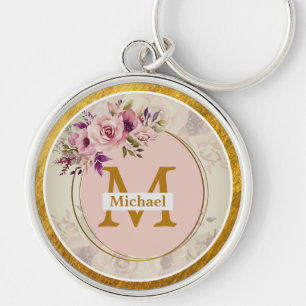 Elegant Floral Gold Monogram Name & Initial Key Ring