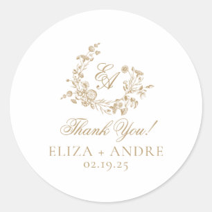 Elegant Floral Gold Monogram Wedding Classic Round Sticker