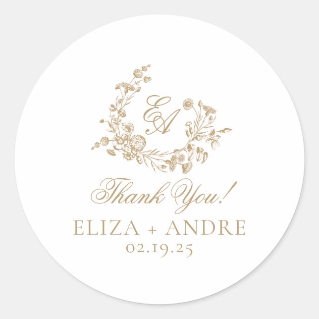 Elegant Floral Gold Monogram Wedding Classic Round Sticker (Front)