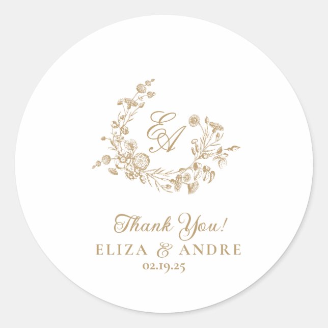 Elegant Floral Gold Monogram Wedding Sticker (Front)