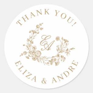 Elegant Floral Gold Monogram Wedding Thank You Classic Round Sticker