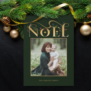 Elegant Floral Gold Noel Tyopgraphy Photo Holiday Card