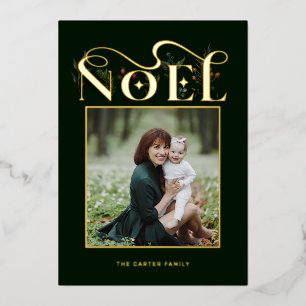 Elegant Floral Gold Noel Typography Photo Foil Holiday Card