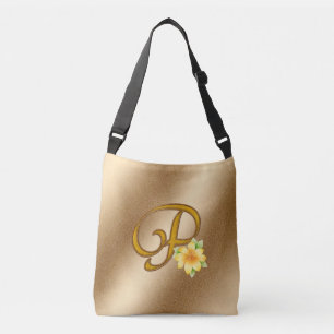 Elegant Floral Gold P Crossbody Bag