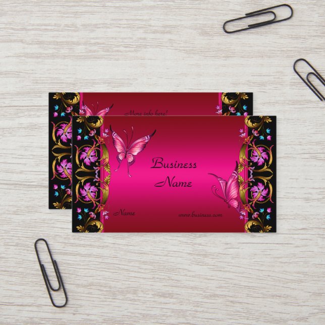Elegant Floral Gold Pink  Black Butterfly Business Card (Front/Back In Situ)