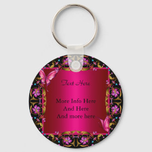 Elegant Floral Gold Pink Black Butterfly Key Ring