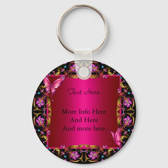 Elegant Floral Gold Pink Black Butterfly Key Ring (Front)