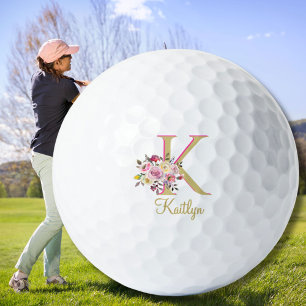 Elegant Floral Gold Pink Custom Monogram Name  Golf Balls