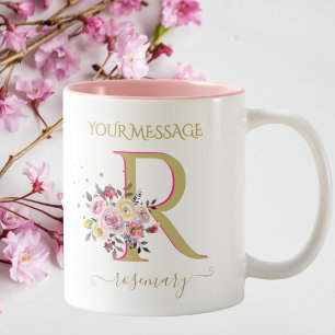Elegant Floral Gold Pink Custom Monogram Name Two-Tone Coffee Mug