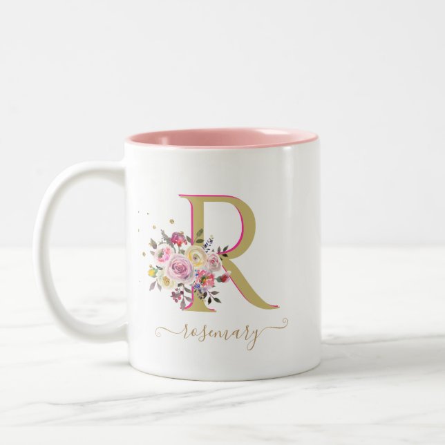 Elegant Floral Gold Pink YOUR Monogram Name     Two-Tone Coffee Mug (Left)
