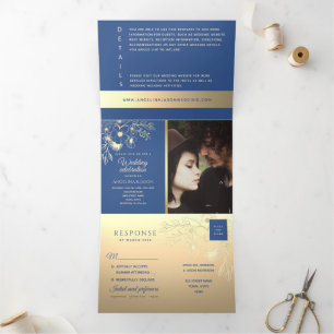 Elegant Floral Gold Royal Blue Wedding Tri-Fold Invitation