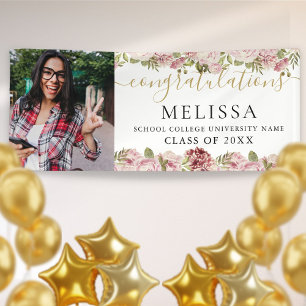 Elegant Floral Gold Script Photo Graduation Banner