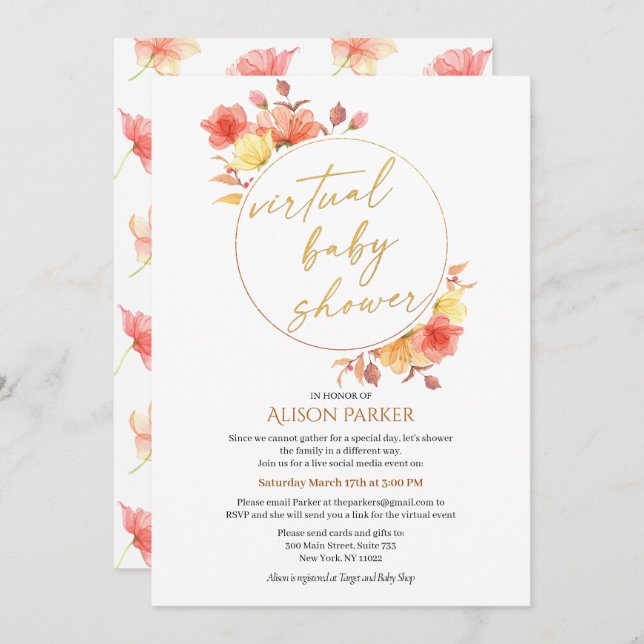 Elegant Floral Gold Script Watercolor Virtual Invitation (Front/Back)